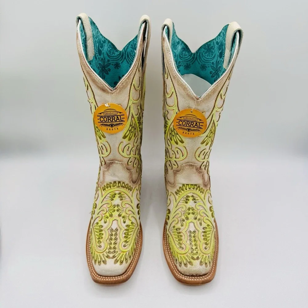 Corral Studded Boots Women's Size 6 M White Floral Green Leather Square Toe‎
